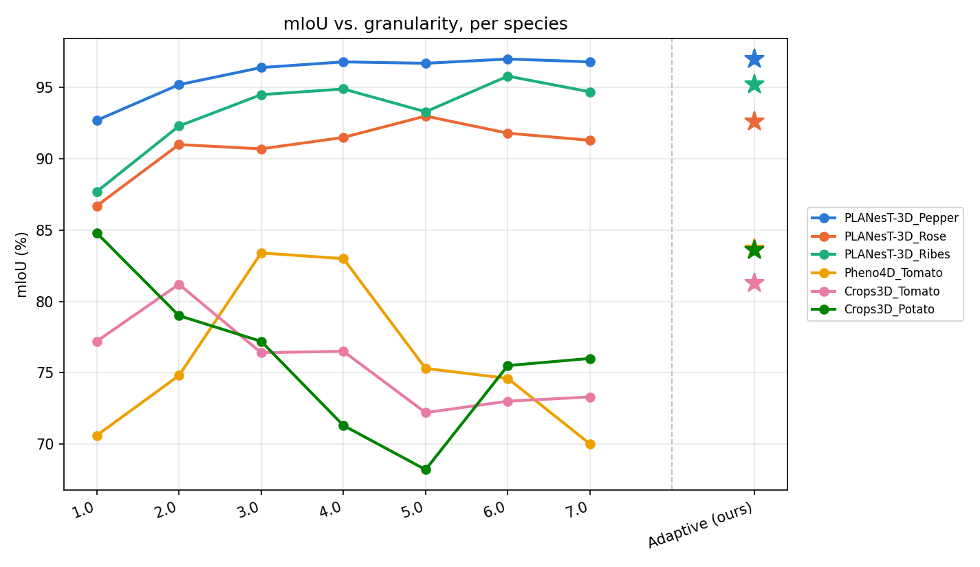 mIoU vs. fixed granularity per species, compared against AGS-PlantSeg's adaptive selection