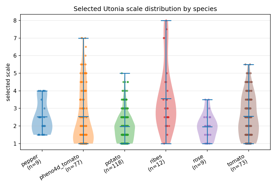 Distribution of AGS-selected granularity scale per species, shown as violin plots